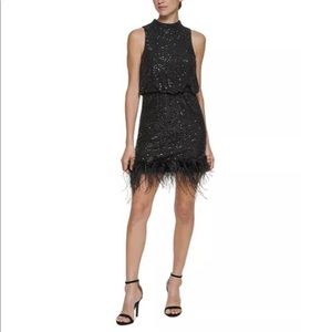NWT black sequin dress with feather hem - stunning!